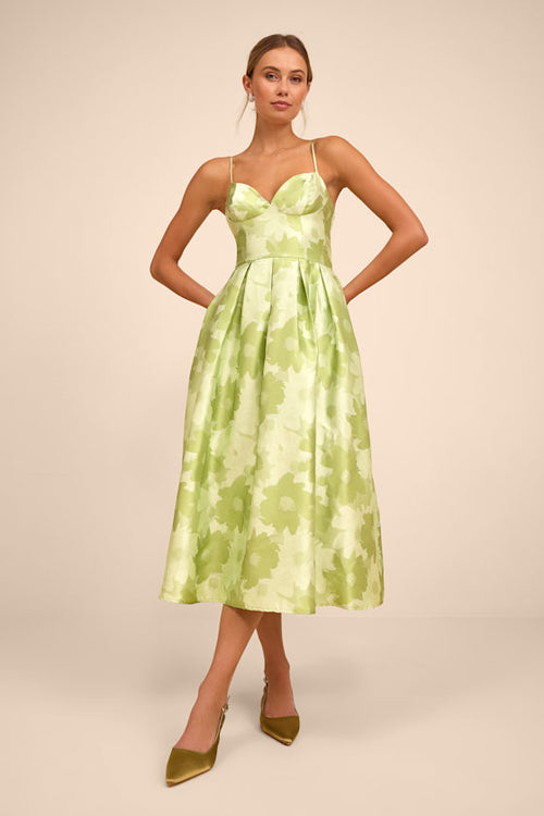 Vivinna Lime Green Floral Jacquard Pleated Midi Dress