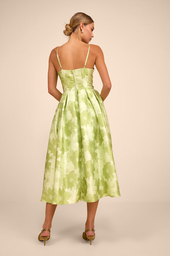 Vivinna Lime Green Floral Jacquard Pleated Midi Dress