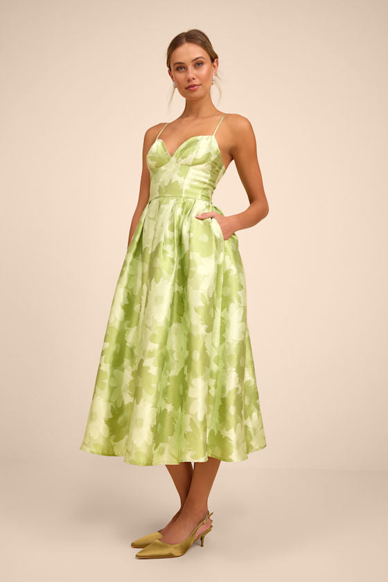 Vivinna Lime Green Floral Jacquard Pleated Midi Dress