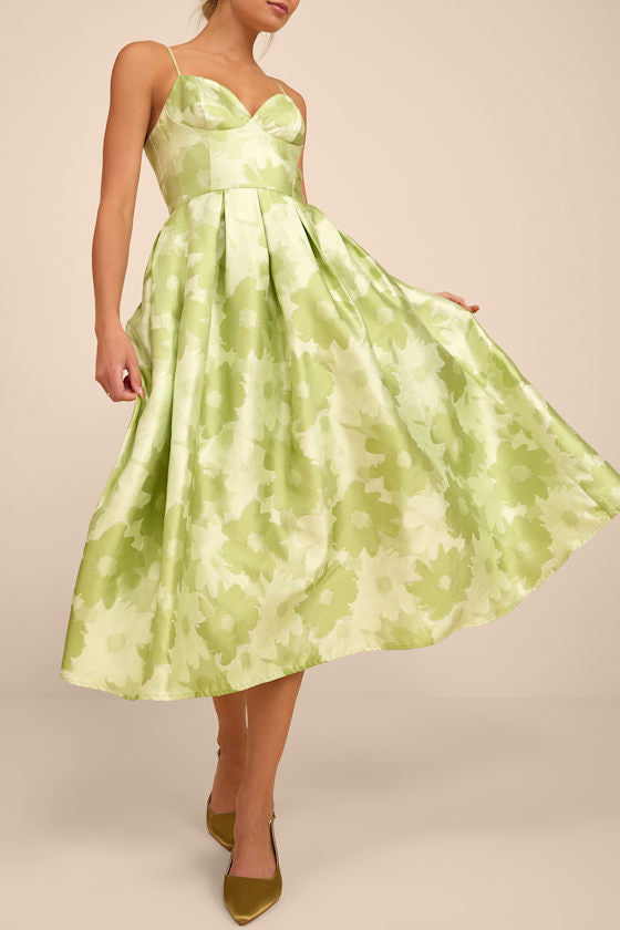 Vivinna Lime Green Floral Jacquard Pleated Midi Dress