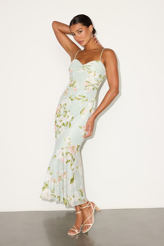 Giorgina Sage Floral Mesh Gathered Trumpet Midi Dress