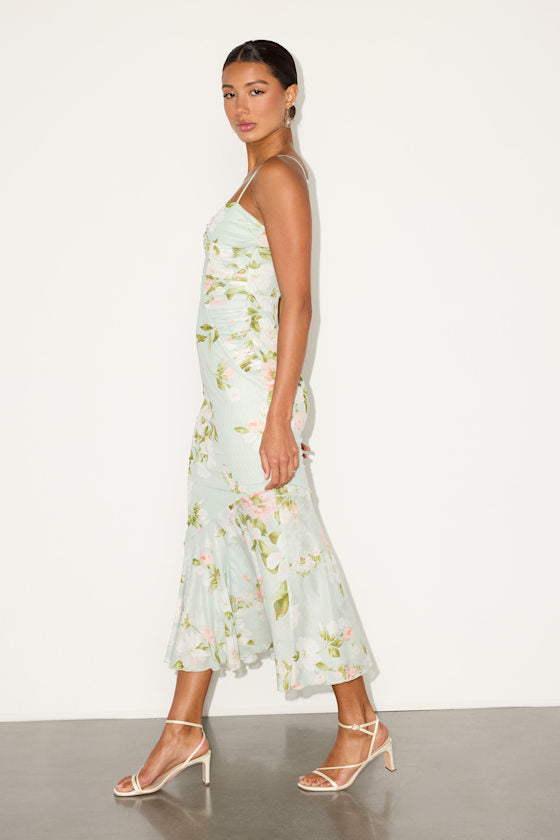 Giorgina Sage Floral Mesh Gathered Trumpet Midi Dress