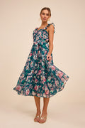 Shela Teal Floral Jacquard Tiered Midi Dress