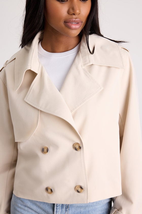 Donley Light Beige Double-Breasted Cropped Trench Coat