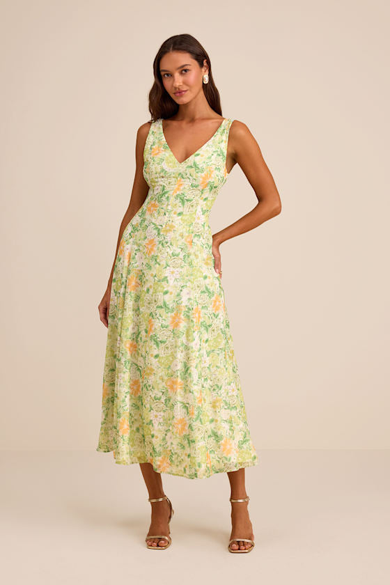 Your Only Darling Green Floral Print Sleeveless Midi Dress