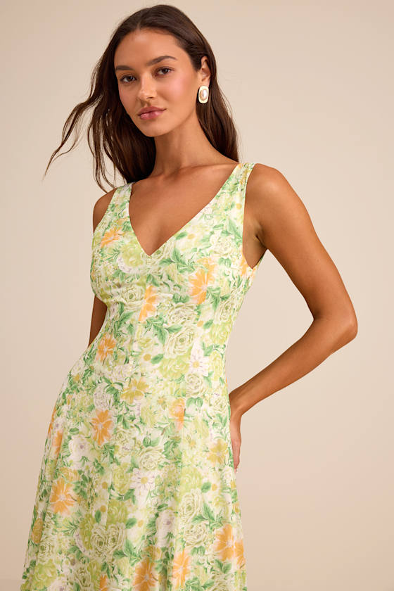 Your Only Darling Green Floral Print Sleeveless Midi Dress