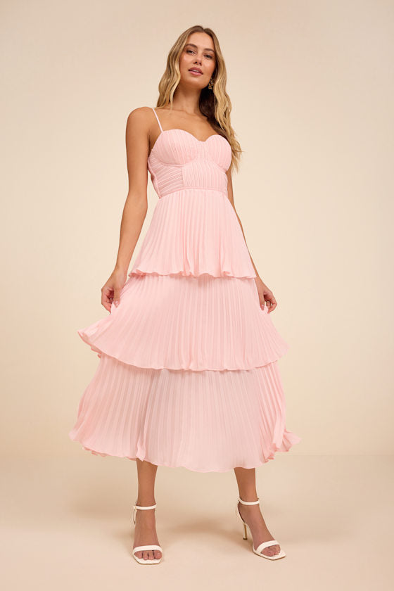Cascading Crush Blush Pink Tiered Bustier Midi Dress