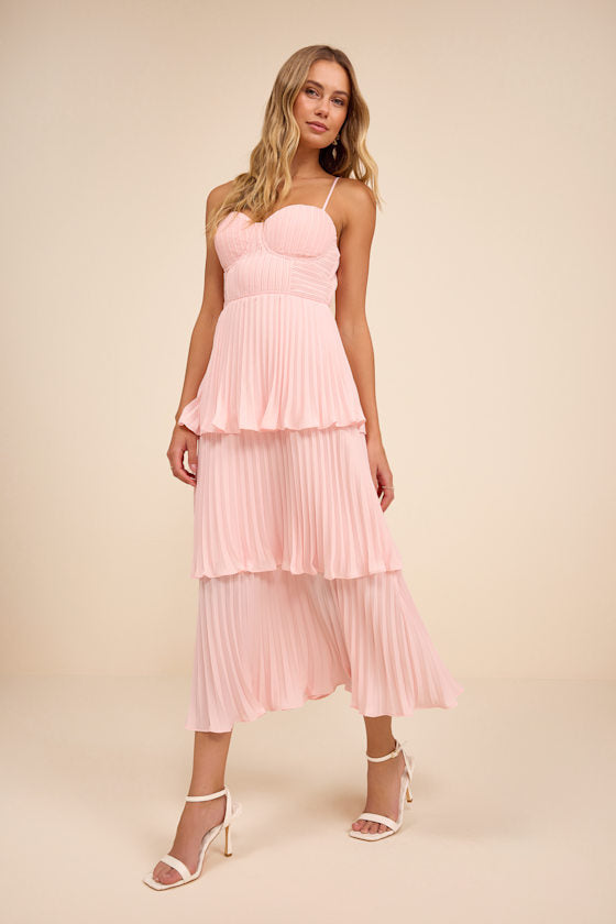 Cascading Crush Blush Pink Tiered Bustier Midi Dress