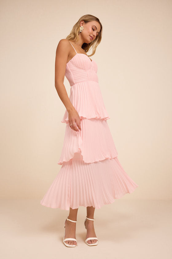 Cascading Crush Blush Pink Tiered Bustier Midi Dress