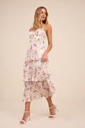Cascading Crush Ivory Floral Print Tiered Bustier Midi Dress