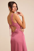 Alayah Dusty Rose Satin Lace Tie-Back Midi Dress