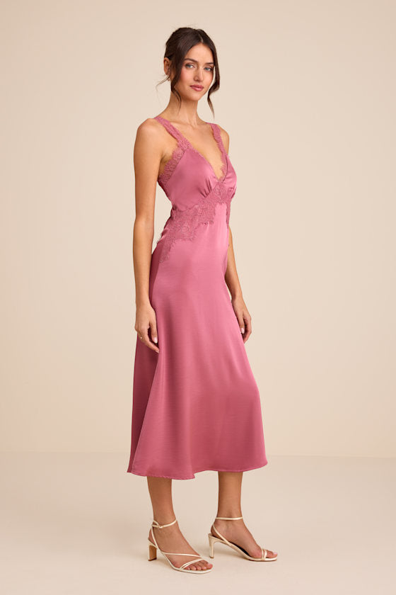 Alayah Dusty Rose Satin Lace Tie-Back Midi Dress