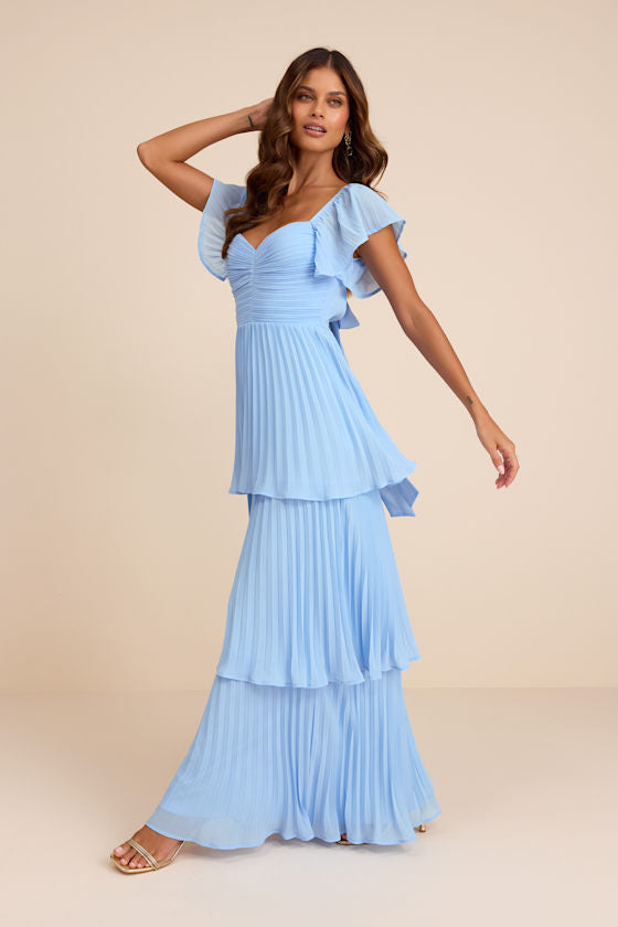Notorious Charm Light Blue Pleated Flutter Sleeve Maxi Dress