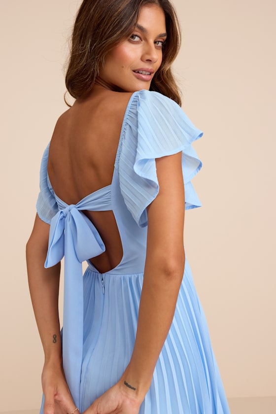 Notorious Charm Light Blue Pleated Flutter Sleeve Maxi Dress