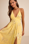 Danelle Yellow Floral Halter A-Line Midi Dress