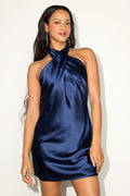 Beyond Classy Navy Blue Satin Halter Mini Dress
