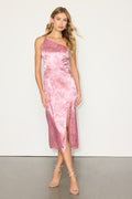 Desirable Dream Pink Satin Jacquard Halter Neck Midi Dress