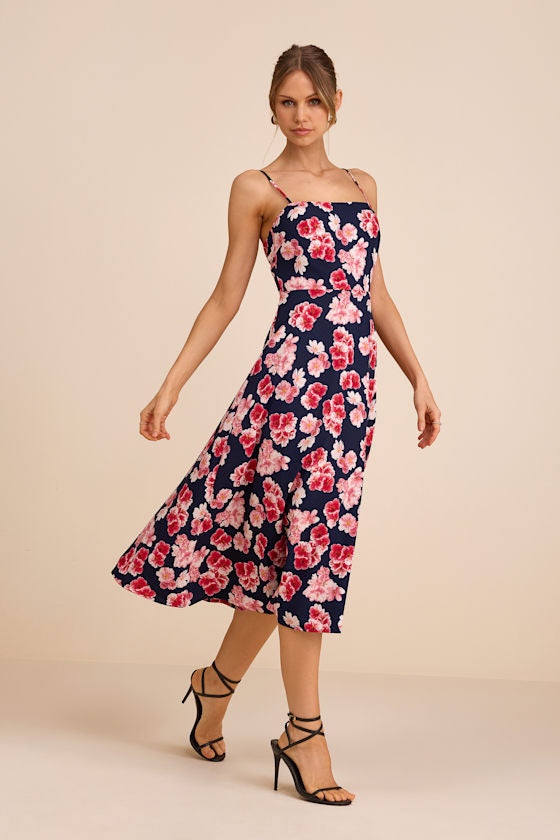 Radiant Feelings Navy and Pink Floral Chiffon Midi Dress
