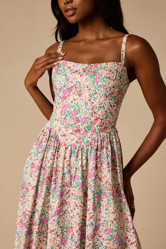 Dinette Ivory Multi Floral Basque Waist Midi Dress