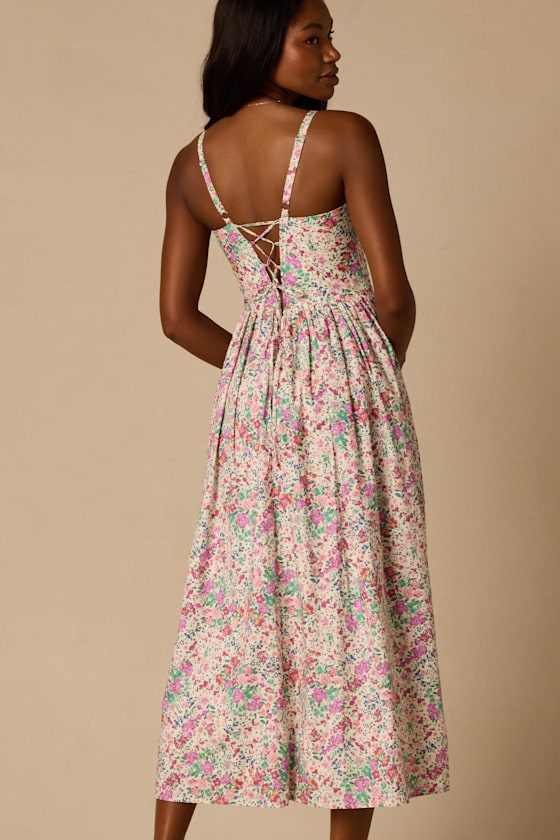Dinette Ivory Multi Floral Basque Waist Midi Dress