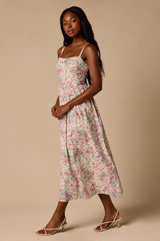 Dinette Ivory Multi Floral Basque Waist Midi Dress