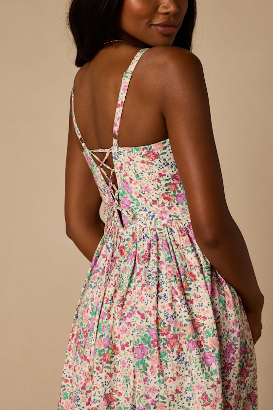 Dinette Ivory Multi Floral Basque Waist Midi Dress