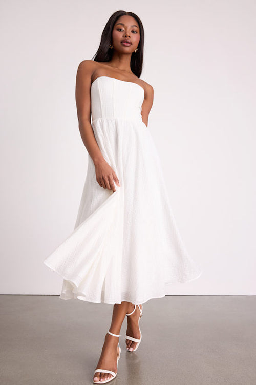 Pomelo White Textured Bustier Skater Midi Dress