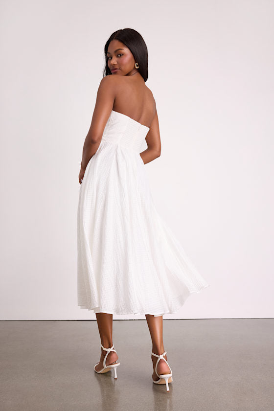 Pomelo White Textured Bustier Skater Midi Dress