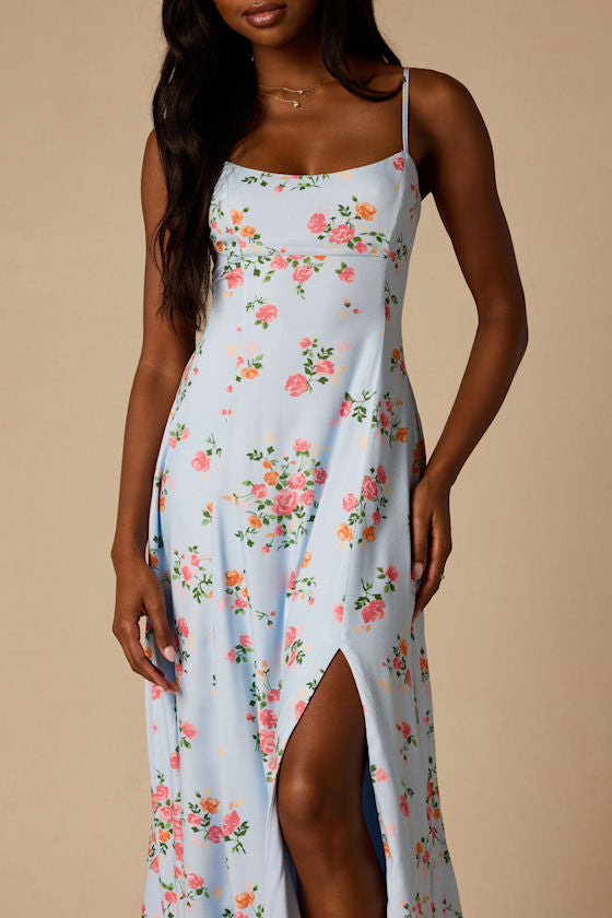 Ingrid Light Blue Floral Tie-Back Maxi Dress