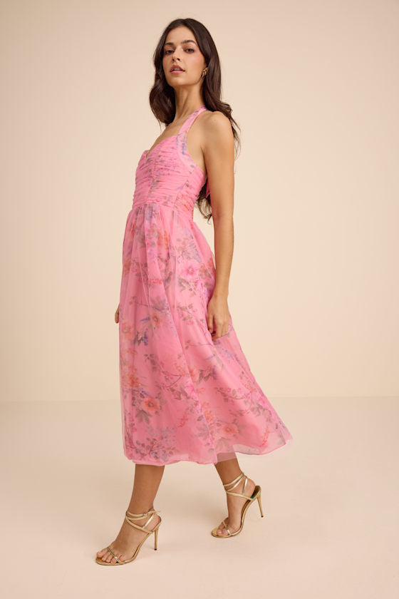 Nisha Pink Floral Organza Halter Midi Dress