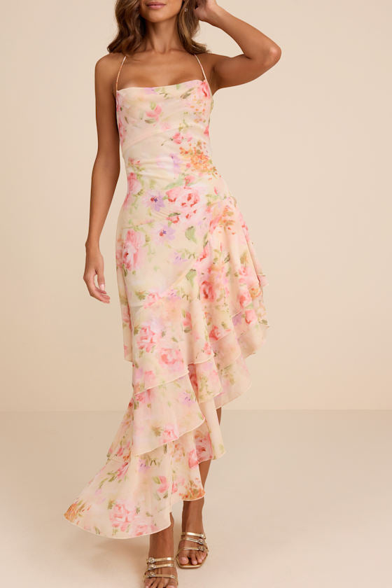 Mava Light Peach Multi Floral Asymmetrical Maxi Dress