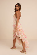 Mava Light Peach Multi Floral Asymmetrical Maxi Dress