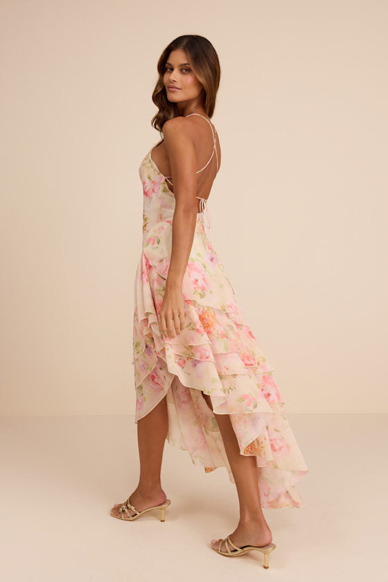 Mava Light Peach Multi Floral Asymmetrical Maxi Dress