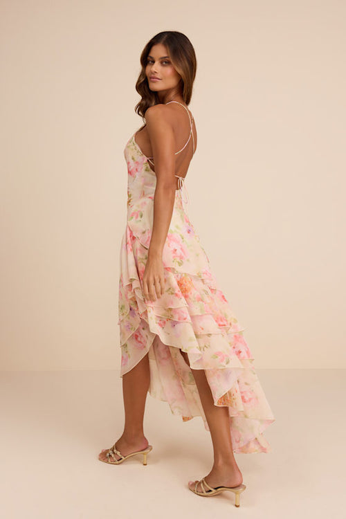 Mava Light Peach Multi Floral Asymmetrical Maxi Dress