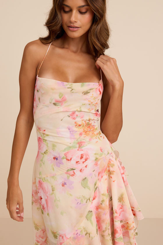 Mava Light Peach Multi Floral Asymmetrical Maxi Dress