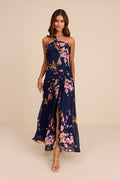 Alayda Navy Blue Floral Asymmetrical Ruffled Maxi Dress