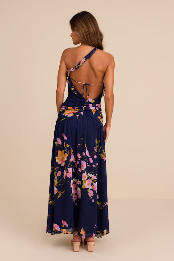 Alayda Navy Blue Floral Asymmetrical Ruffled Maxi Dress