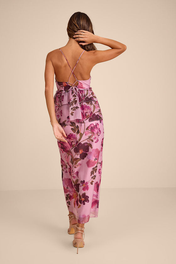 Abella Lilac Floral Peplum Lace-Up Midi Dress
