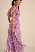 Lynwen Light Purple Abstract Pleated Flutter Sleeve Maxi Dress