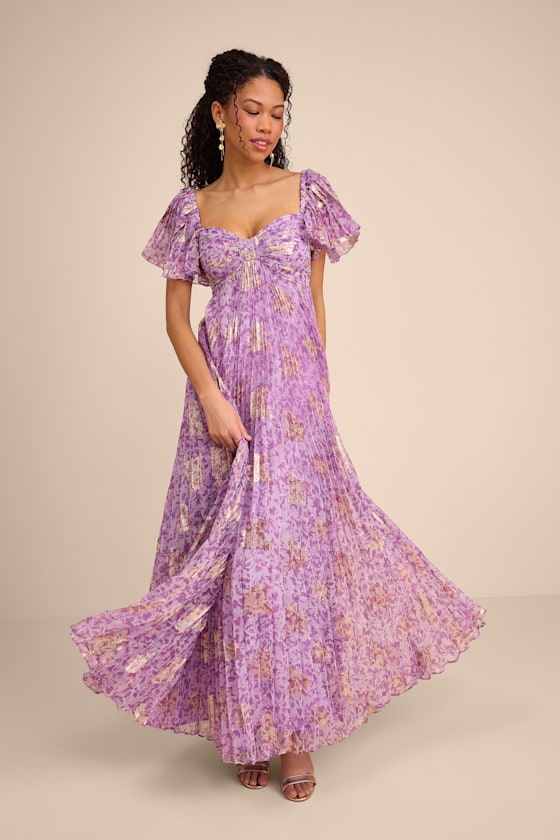 Lynwen Light Purple Abstract Pleated Flutter Sleeve Maxi Dress