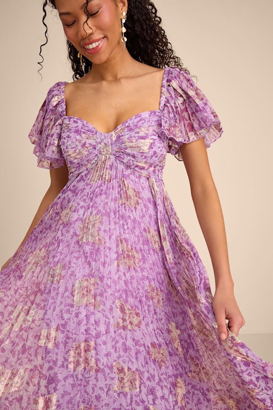 Lynwen Light Purple Abstract Pleated Flutter Sleeve Maxi Dress