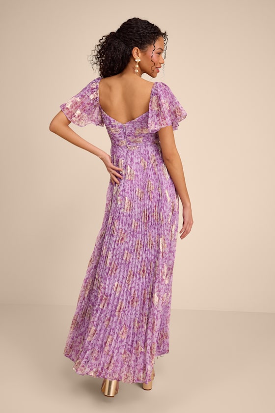 Lynwen Light Purple Abstract Pleated Flutter Sleeve Maxi Dress