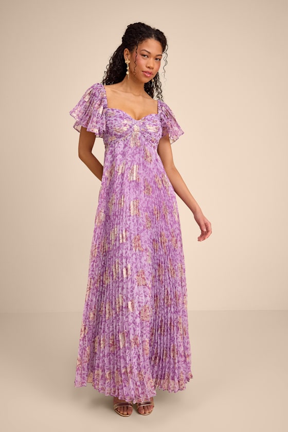 Lynwen Light Purple Abstract Pleated Flutter Sleeve Maxi Dress