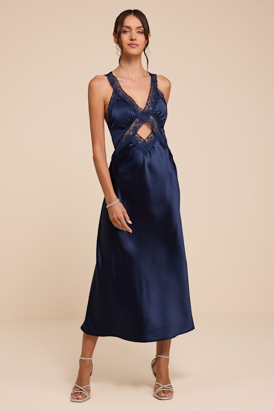 Camara Navy Satin Lace Slip Midi Dress
