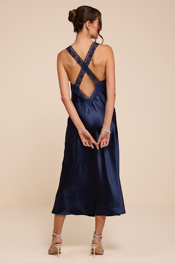 Camara Navy Satin Lace Slip Midi Dress