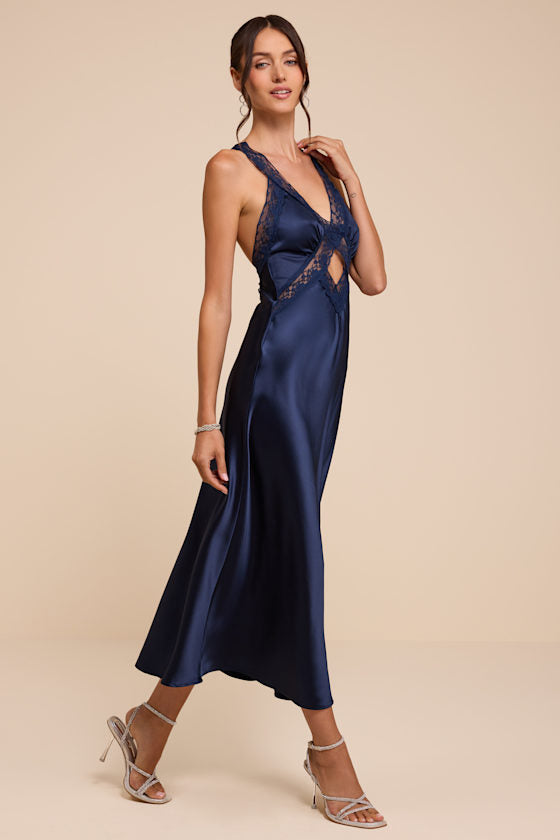 Camara Navy Satin Lace Slip Midi Dress