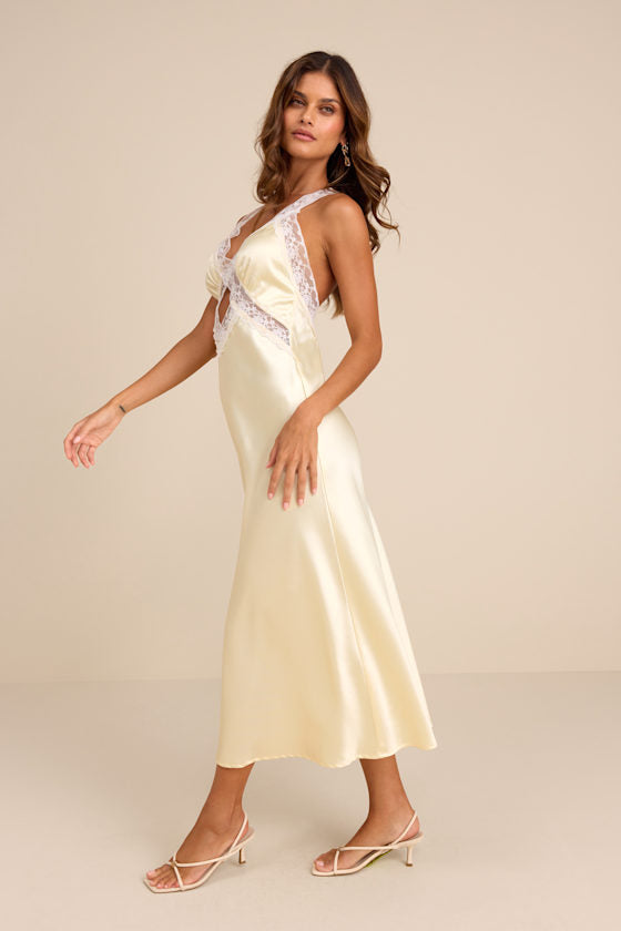 Camara Pale Yellow Satin Lace Slip Midi Dress