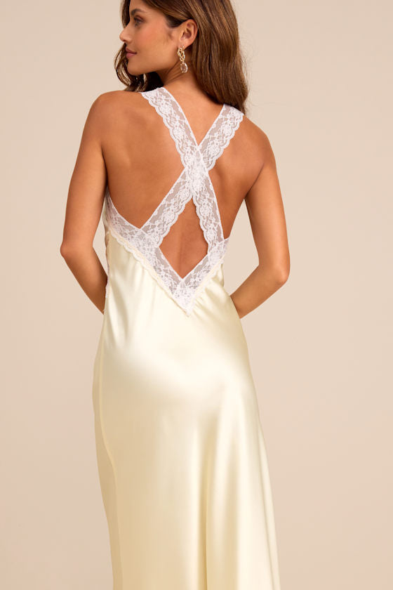 Camara Pale Yellow Satin Lace Slip Midi Dress