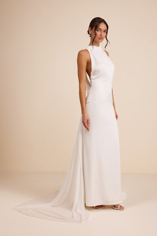 Perilla White Satin Mock Neck Column Maxi Dress