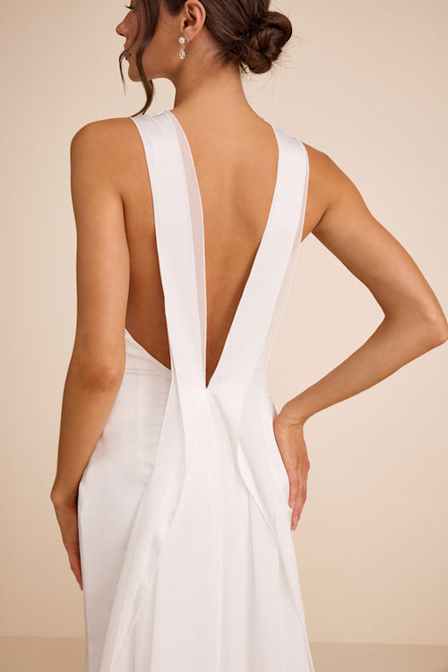 Perilla White Satin Mock Neck Column Maxi Dress